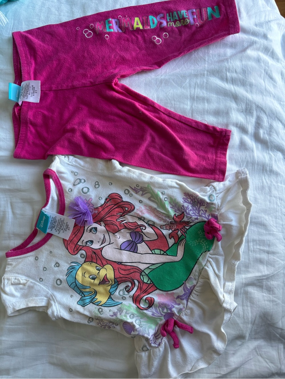 Disney Girls Ariel Pink and White Top with Fuchsia Capri Set